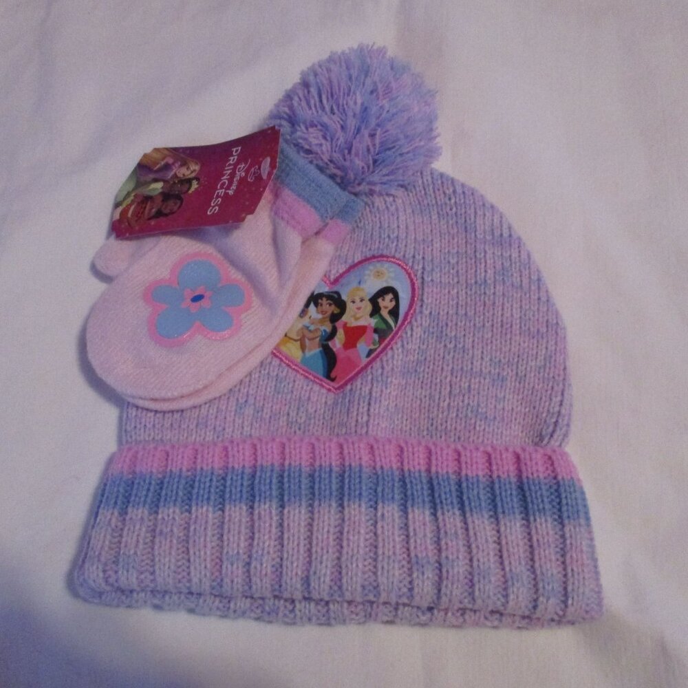 Disney Princess Knit Pom Toddler Beanie Hat Cap Mittens 2 Piece Set NWT